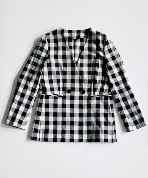 WHITE JOOLA（ホワイトジョーラ）の「【手洗いできる♪】WEB限定！ダブルデザイン・綿ジャケット（ギンガムチェック＆無地）（ノーカラージャケット・レディース・チェック/ネイビー/オフホワイト・S/M/L）」の17枚目の写真