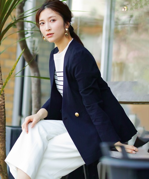 WHITE JOOLA（ホワイトジョーラ）の「【手洗いできる♪】WEB限定！ダブルデザイン・綿ジャケット（ギンガムチェック＆無地）（ノーカラージャケット・レディース・チェック/ネイビー/オフホワイト・S/M/L）」の10枚目の写真