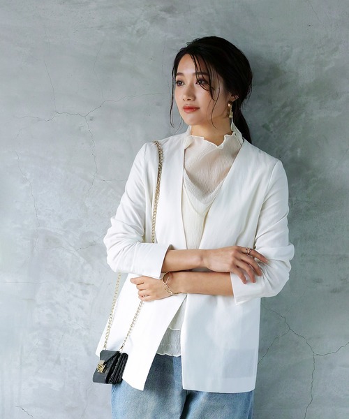 WHITE JOOLA（ホワイトジョーラ）の「【手洗いできる♪】WEB限定！ダブルデザイン・綿ジャケット（ギンガムチェック＆無地）（ノーカラージャケット・レディース・チェック/ネイビー/オフホワイト・S/M/L）」の7枚目の写真