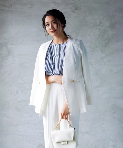 WHITE JOOLA（ホワイトジョーラ）の「【手洗いできる♪】WEB限定！ダブルデザイン・綿ジャケット（ギンガムチェック＆無地）（ノーカラージャケット・レディース・チェック/ネイビー/オフホワイト・S/M/L）」の8枚目の写真