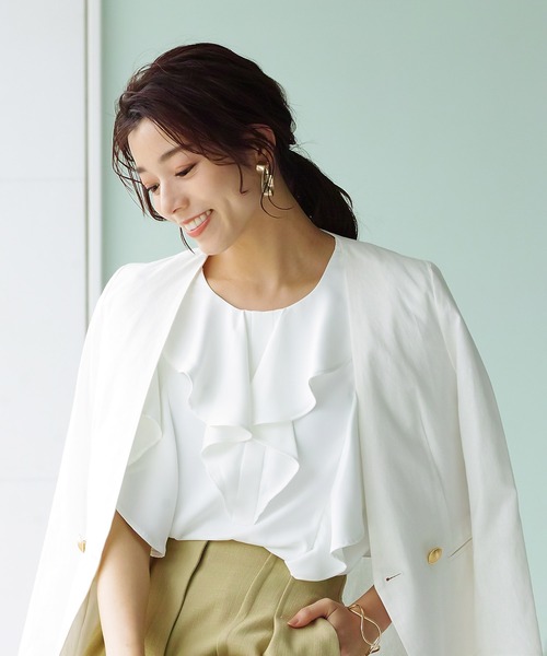 WHITE JOOLA（ホワイトジョーラ）の「【手洗いできる♪】WEB限定！ダブルデザイン・綿ジャケット（ギンガムチェック＆無地）（ノーカラージャケット・レディース・チェック/ネイビー/オフホワイト・S/M/L）」の5枚目の写真