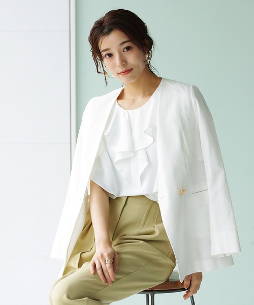 WHITE JOOLA（ホワイトジョーラ）の「【手洗いできる♪】WEB限定！ダブルデザイン・綿ジャケット（ギンガムチェック＆無地）（ノーカラージャケット・レディース・チェック/ネイビー/オフホワイト・S/M/L）」の6枚目の写真