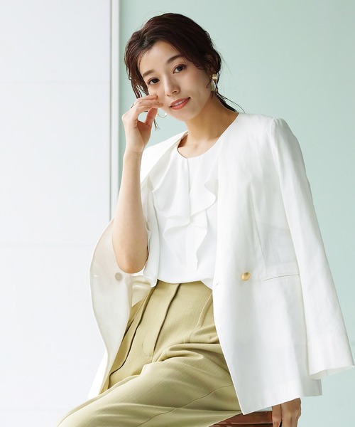 WHITE JOOLA（ホワイトジョーラ）の「【手洗いできる♪】WEB限定！ダブルデザイン・綿ジャケット（ギンガムチェック＆無地）（ノーカラージャケット・レディース・チェック/ネイビー/オフホワイト・S/M/L）」の4枚目の写真