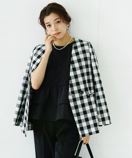 WHITE JOOLA（ホワイトジョーラ）の「【手洗いできる♪】WEB限定！ダブルデザイン・綿ジャケット（ギンガムチェック＆無地）（ノーカラージャケット・レディース・チェック/ネイビー/オフホワイト・S/M/L）」の11枚目の写真