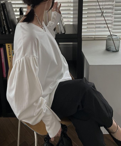 シャツディテールロングカフスカットソーVネックトップwillfully(3254 シャツディテールロングカフスカットソーVネックトップwillfully