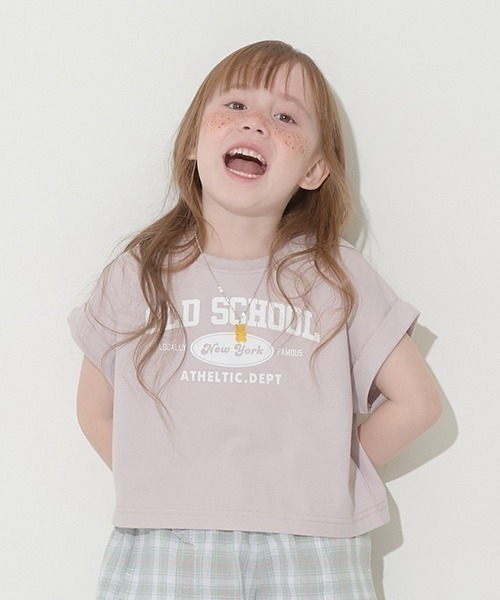 Lycee mine（リセマイン）の「【型崩れしないやわらかコットン】ロゴプリントミニ丈ドロップTシャツ（Tシャツ/カットソー・キッズ・ブルーグレー/アイボリー/ベージュ系/パープル/チャコール・100cm/110cm/120cm/130cm/140cm/150cm）」の5枚目の写真