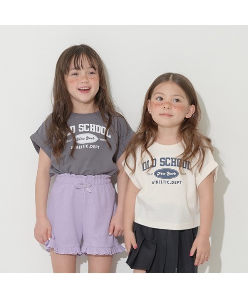 Lycee mine（リセマイン）の「【型崩れしないやわらかコットン】ロゴプリントミニ丈ドロップTシャツ（Tシャツ/カットソー・キッズ・ブルーグレー/アイボリー/ベージュ系/パープル/チャコール・100cm/110cm/120cm/130cm/140cm/150cm）」の7枚目の写真