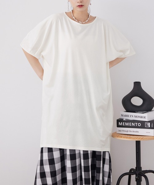 Fashion Letter(ファッションレター)の「【M-5L】5分袖アシメプルオーバー(チュニック・レディース・チャコールグレー/カーキ/ブラック/ホワイト・M~L/LL~3L/4L~5L)」の1枚目の写真