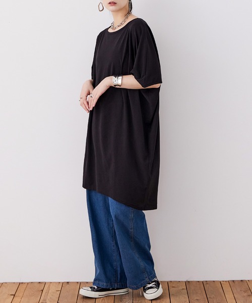 Fashion Letter(ファッションレター)の「【M-5L】5分袖アシメプルオーバー(チュニック・レディース・チャコールグレー/カーキ/ブラック/ホワイト・M~L/LL~3L/4L~5L)」の8枚目の写真
