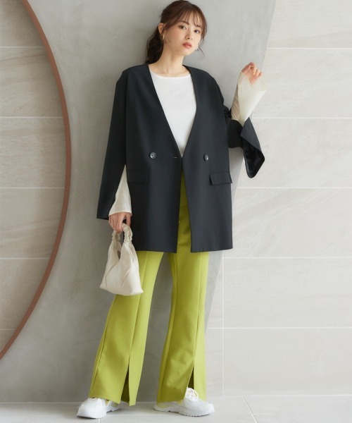 miclat（ミクラ）の「大きいサイズ　袖スリットノーカラージャケット　miclat（ノーカラージャケット・レディース・ライトグレー/ブラック・L/LL/3L/4L/5L）」の3枚目の写真