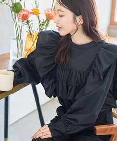 セール】TULLE SLEEVE KNIT CARDIGAN/チュールスリーブニット