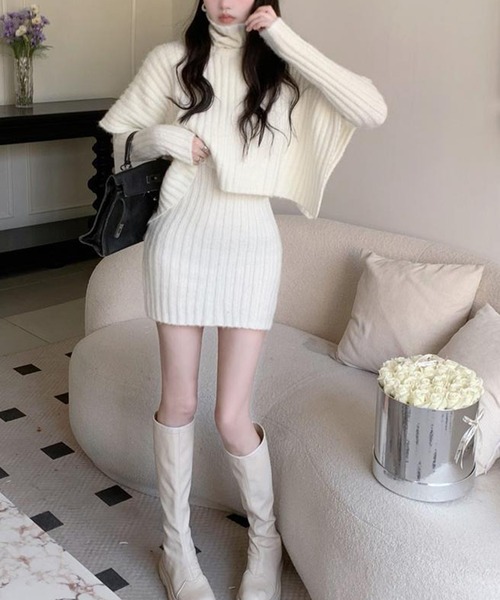 ワイドリブニットワンピース+ハイネックレイヤードセット（ワンピース）｜leune（ルネ）