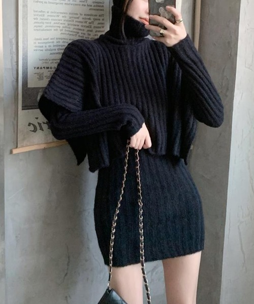 ワイドリブニットワンピース+ハイネックレイヤードセット（ワンピース）｜leune（ルネ）