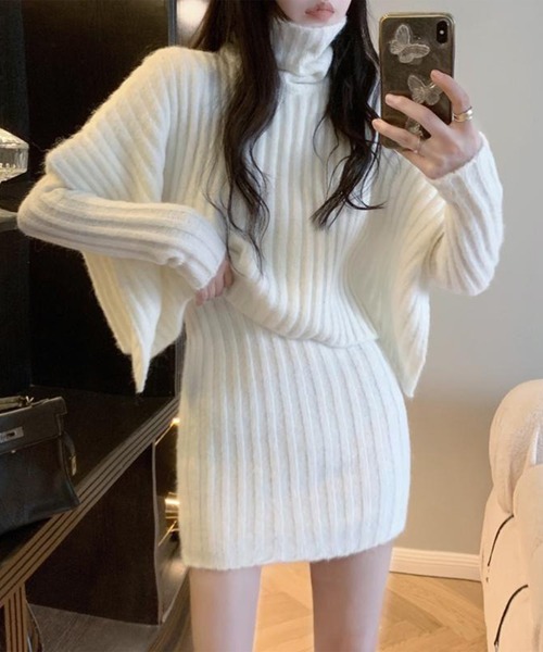 ワイドリブニットワンピース+ハイネックレイヤードセット（ワンピース）｜leune（ルネ）