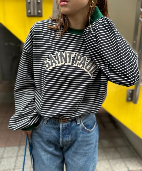 mi via loca(ミヴィアロカ)の「ボーダー配色ボリュームスリーブ発泡ロゴロンT(Tシャツ/カットソー・レディース・ホワイト×ブラック/ブラック×ホワイト/ベージュ系/ホワイト系その他/ブラック系その他/ブラック系その他2・FREE)」の3枚目の写真