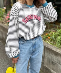 mi via loca | ボーダー配色ボリュームスリーブ発泡ロゴロンT(Tシャツ/カットソー)