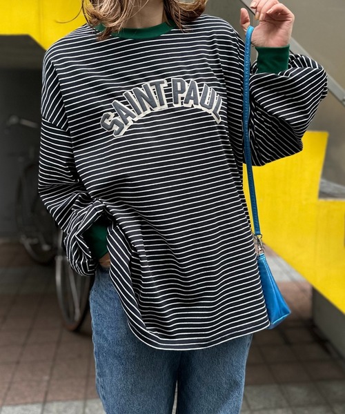 mi via loca(ミヴィアロカ)の「ボーダー配色ボリュームスリーブ発泡ロゴロンT(Tシャツ/カットソー・レディース・ホワイト×ブラック/ブラック×ホワイト/ベージュ系/ホワイト系その他/ブラック系その他/ブラック系その他2・FREE)」の14枚目の写真