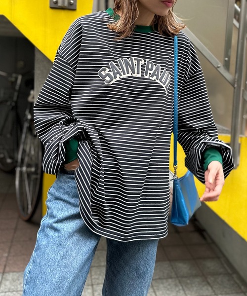 mi via loca(ミヴィアロカ)の「ボーダー配色ボリュームスリーブ発泡ロゴロンT(Tシャツ/カットソー・レディース・ホワイト×ブラック/ブラック×ホワイト/ベージュ系/ホワイト系その他/ブラック系その他/ブラック系その他2・FREE)」の15枚目の写真
