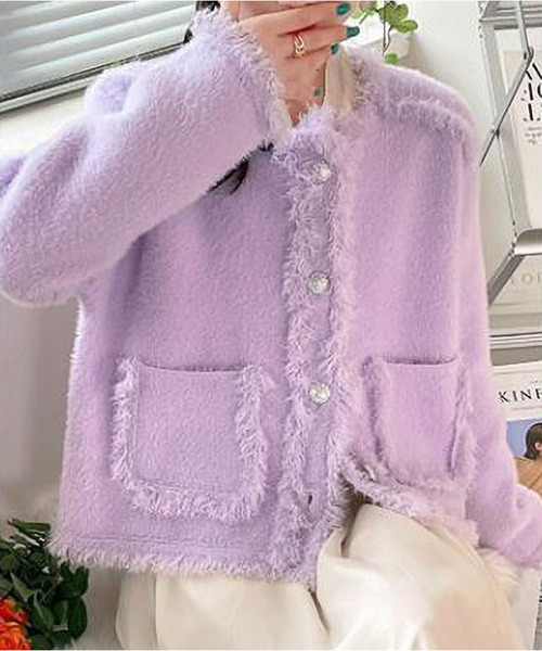 ピンク ノーカラーニットジャケット セール】 リボンモチーフ付きジャケット （ノーカラージャケット