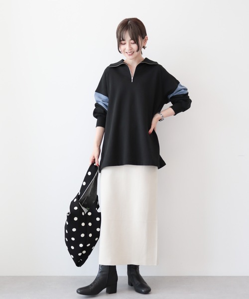 AMERICAN HOLIC(アメリカンホリック)の「ハーフZIP配色切り替え裏毛チュニック(チュニック・レディース・カーキ/グレー系その他/ブラック・L/M)」の10枚目の写真