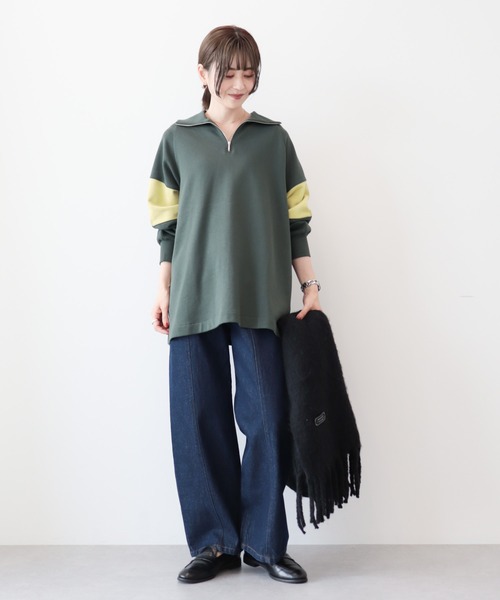 AMERICAN HOLIC(アメリカンホリック)の「ハーフZIP配色切り替え裏毛チュニック(チュニック・レディース・カーキ/グレー系その他/ブラック・L/M)」の12枚目の写真