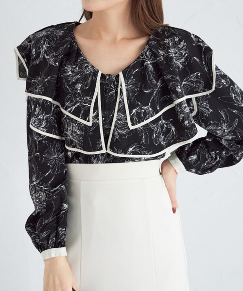 tocco closet(トッコ クローゼット)の「【ZOZO限定】ラインフラワープリントビックカラーブラウス(シャツ/ブラウス・レディース・ブラック/オフホワイト・M)」の7枚目の写真