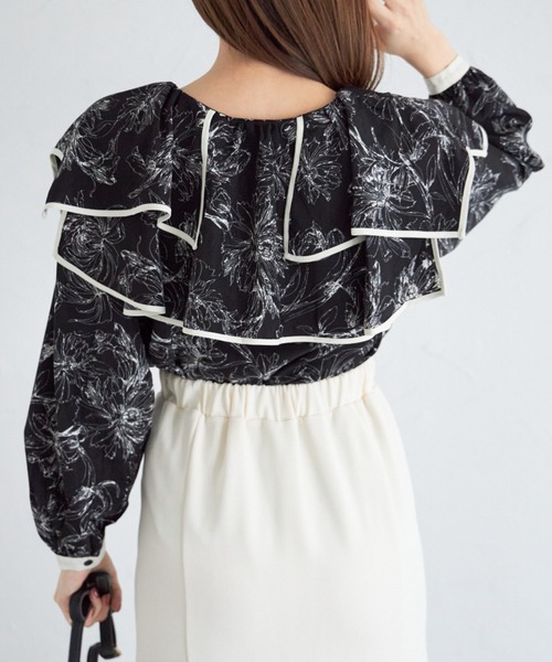 tocco closet(トッコ クローゼット)の「【ZOZO限定】ラインフラワープリントビックカラーブラウス(シャツ/ブラウス・レディース・ブラック/オフホワイト・M)」の9枚目の写真