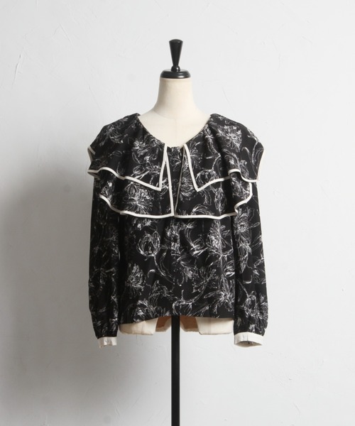 tocco closet(トッコ クローゼット)の「【ZOZO限定】ラインフラワープリントビックカラーブラウス(シャツ/ブラウス・レディース・ブラック/オフホワイト・M)」の11枚目の写真