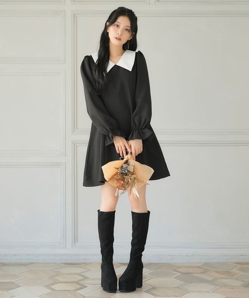 Newlyme(ニューリーミー)の「選べる丈美シルエット長袖ワンピース(ワンピース・レディース・ブラック×ホワイト/ブラック系その他/ブラック/ブラック系その他2/サックスブルー/ブルー・X-LARGE/XX-LARGE/MEDIUM/SMALL/LARGE)」の3枚目の写真