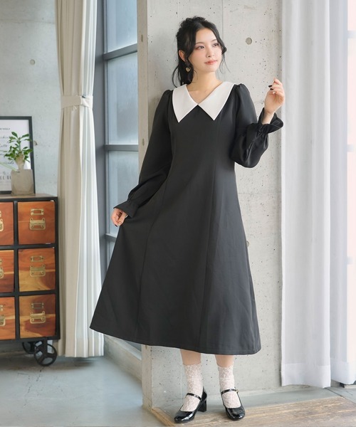 Newlyme(ニューリーミー)の「選べる丈美シルエット長袖ワンピース(ワンピース・レディース・ブラック×ホワイト/ブラック系その他/ブラック/ブラック系その他2/サックスブルー/ブルー・X-LARGE/XX-LARGE/MEDIUM/SMALL/LARGE)」の2枚目の写真
