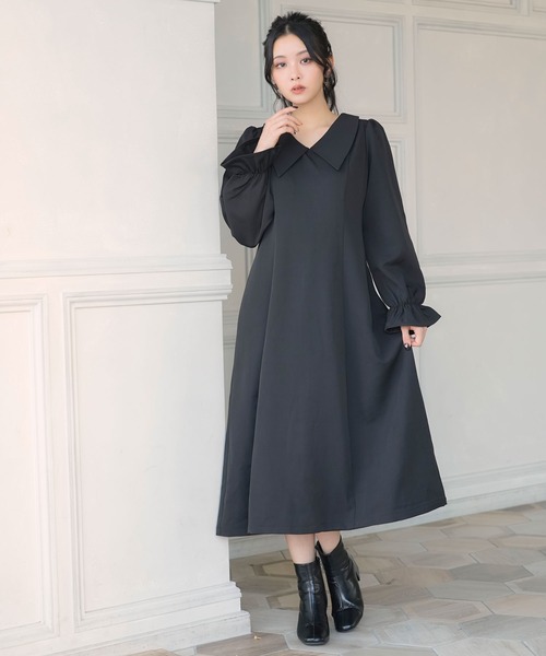 Newlyme(ニューリーミー)の「選べる丈美シルエット長袖ワンピース(ワンピース・レディース・ブラック×ホワイト/ブラック系その他/ブラック/ブラック系その他2/サックスブルー/ブルー・X-LARGE/XX-LARGE/MEDIUM/SMALL/LARGE)」の4枚目の写真