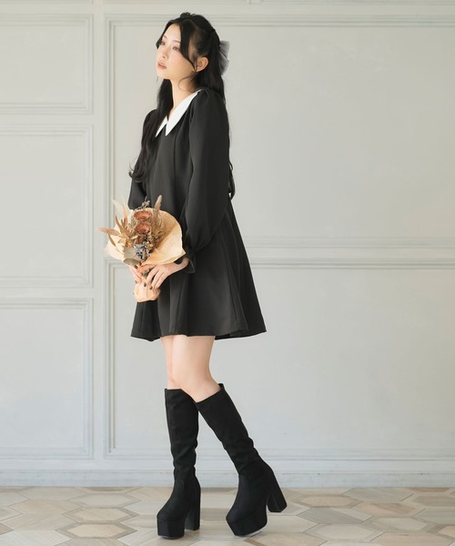 Newlyme(ニューリーミー)の「選べる丈美シルエット長袖ワンピース(ワンピース・レディース・ブラック×ホワイト/ブラック系その他/ブラック/ブラック系その他2/サックスブルー/ブルー・X-LARGE/XX-LARGE/MEDIUM/SMALL/LARGE)」の16枚目の写真