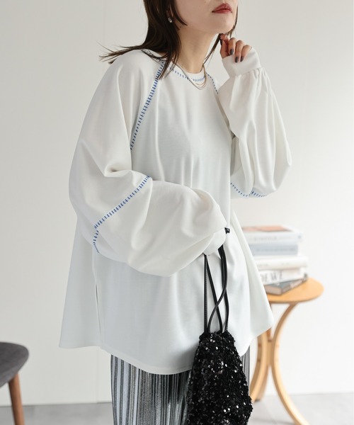 ap retro(アプレトロ)の「2way配色ステッチトップス(Tシャツ/カットソー・レディース・オフホワイト/ブラック/グレイッシュベージュ・FREE)」の6枚目の写真