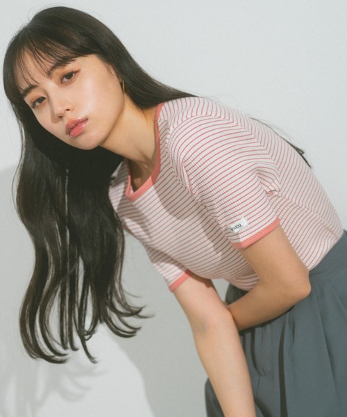 VANNIE U（ヴァニーユー）の「ハーフボーダーリンガーTシャツ（Tシャツ/カットソー・レディース・ライトピンク/ネイビー/イエロー/ホワイト・FREE）」の4枚目の写真