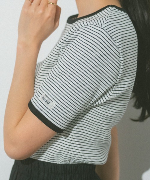 VANNIE U（ヴァニーユー）の「ハーフボーダーリンガーTシャツ（Tシャツ/カットソー・レディース・ライトピンク/ネイビー/イエロー/ホワイト・FREE）」の2枚目の写真