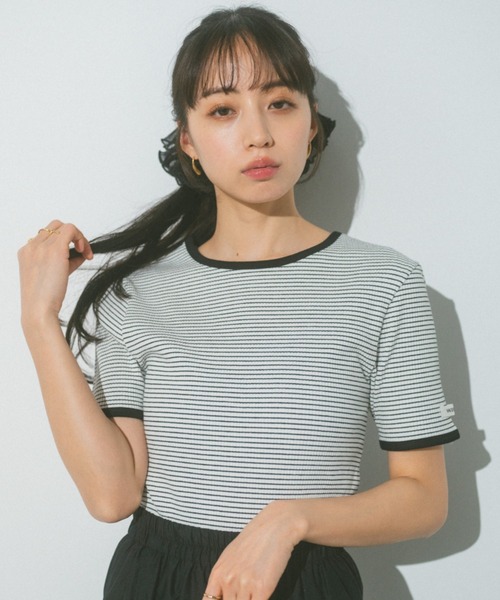 VANNIE U（ヴァニーユー）の「ハーフボーダーリンガーTシャツ（Tシャツ/カットソー・レディース・ライトピンク/ネイビー/イエロー/ホワイト・FREE）」の5枚目の写真