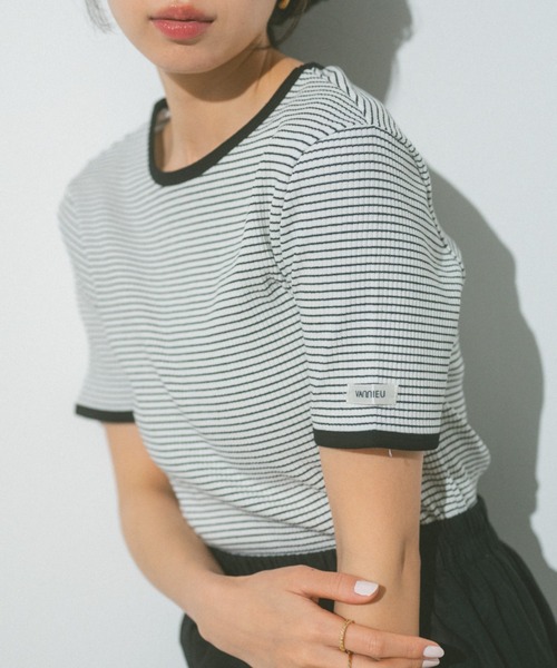 VANNIE U（ヴァニーユー）の「ハーフボーダーリンガーTシャツ（Tシャツ/カットソー・レディース・ライトピンク/ネイビー/イエロー/ホワイト・FREE）」の16枚目の写真