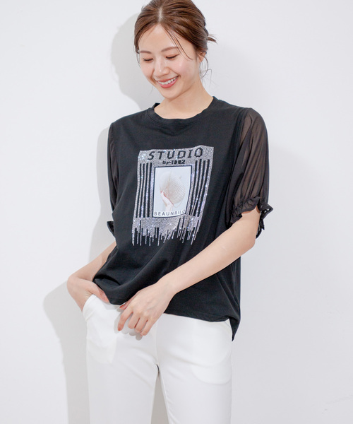 Jayro(ジャイロ)の「袖シフォンビジューTシャツ(Tシャツ/カットソー・レディース・ブラック/ホワイト・FREE)」の2枚目の写真