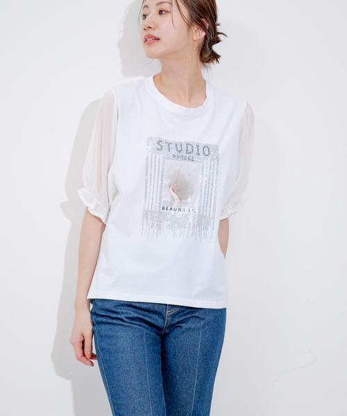 Jayro(ジャイロ)の「袖シフォンビジューTシャツ(Tシャツ/カットソー・レディース・ブラック/ホワイト・FREE)」の14枚目の写真