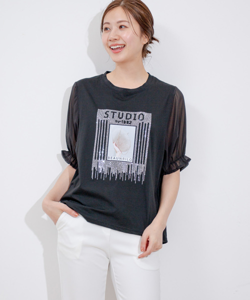 Jayro(ジャイロ)の「袖シフォンビジューTシャツ(Tシャツ/カットソー・レディース・ブラック/ホワイト・FREE)」の10枚目の写真