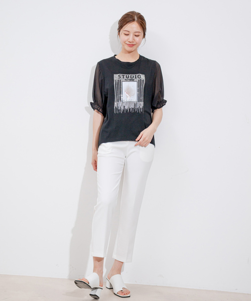 Jayro(ジャイロ)の「袖シフォンビジューTシャツ(Tシャツ/カットソー・レディース・ブラック/ホワイト・FREE)」の7枚目の写真