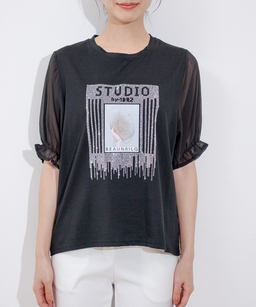 Jayro(ジャイロ)の「袖シフォンビジューTシャツ(Tシャツ/カットソー・レディース・ブラック/ホワイト・FREE)」の6枚目の写真