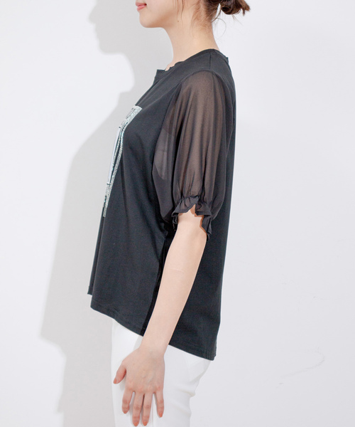 Jayro(ジャイロ)の「袖シフォンビジューTシャツ(Tシャツ/カットソー・レディース・ブラック/ホワイト・FREE)」の5枚目の写真
