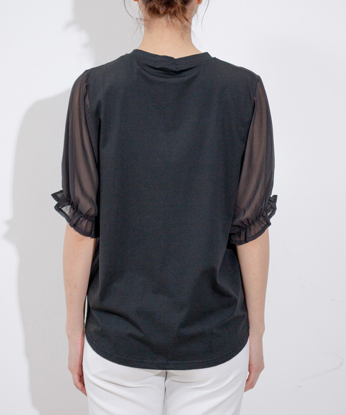 Jayro(ジャイロ)の「袖シフォンビジューTシャツ(Tシャツ/カットソー・レディース・ブラック/ホワイト・FREE)」の3枚目の写真