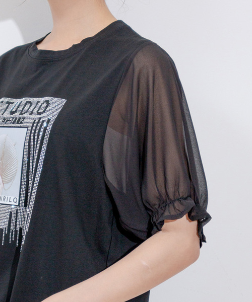 Jayro(ジャイロ)の「袖シフォンビジューTシャツ(Tシャツ/カットソー・レディース・ブラック/ホワイト・FREE)」の4枚目の写真