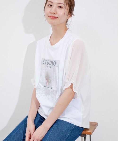 Jayro(ジャイロ)の「袖シフォンビジューTシャツ(Tシャツ/カットソー・レディース・ブラック/ホワイト・FREE)」の1枚目の写真