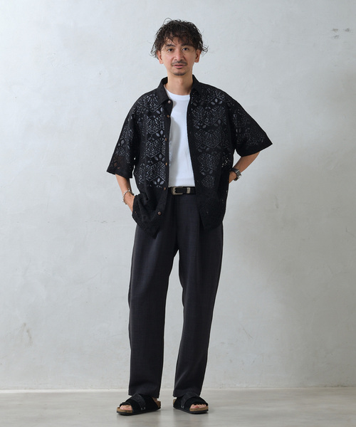 JOURNAL STANDARD relume（ジャーナルスタンダード　レリューム）の「アラベスクレース ウェーブレギュラーカラー半袖シャツ（シャツ/ブラウス・メンズ・ライトグリーン/ブラック/ブラウン系その他・MEDIUM/LARGE）」の8枚目の写真