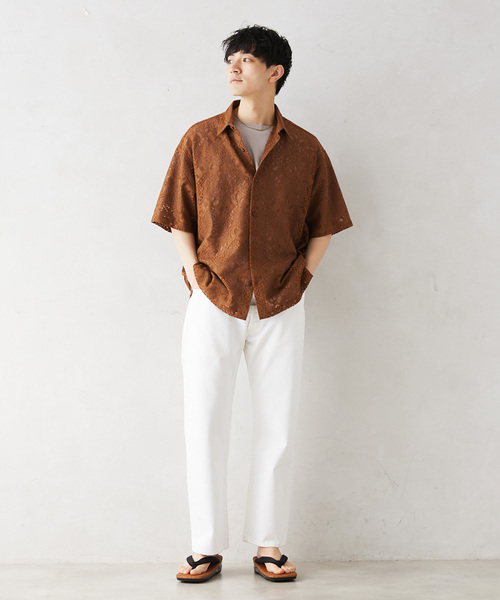 JOURNAL STANDARD relume（ジャーナルスタンダード　レリューム）の「アラベスクレース ウェーブレギュラーカラー半袖シャツ（シャツ/ブラウス・メンズ・ライトグリーン/ブラック/ブラウン系その他・MEDIUM/LARGE）」の6枚目の写真