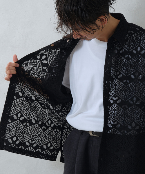 JOURNAL STANDARD relume（ジャーナルスタンダード　レリューム）の「アラベスクレース ウェーブレギュラーカラー半袖シャツ（シャツ/ブラウス・メンズ・ライトグリーン/ブラック/ブラウン系その他・MEDIUM/LARGE）」の21枚目の写真