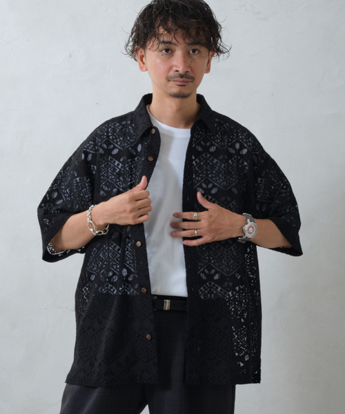 JOURNAL STANDARD relume（ジャーナルスタンダード　レリューム）の「アラベスクレース ウェーブレギュラーカラー半袖シャツ（シャツ/ブラウス・メンズ・ライトグリーン/ブラック/ブラウン系その他・MEDIUM/LARGE）」の20枚目の写真